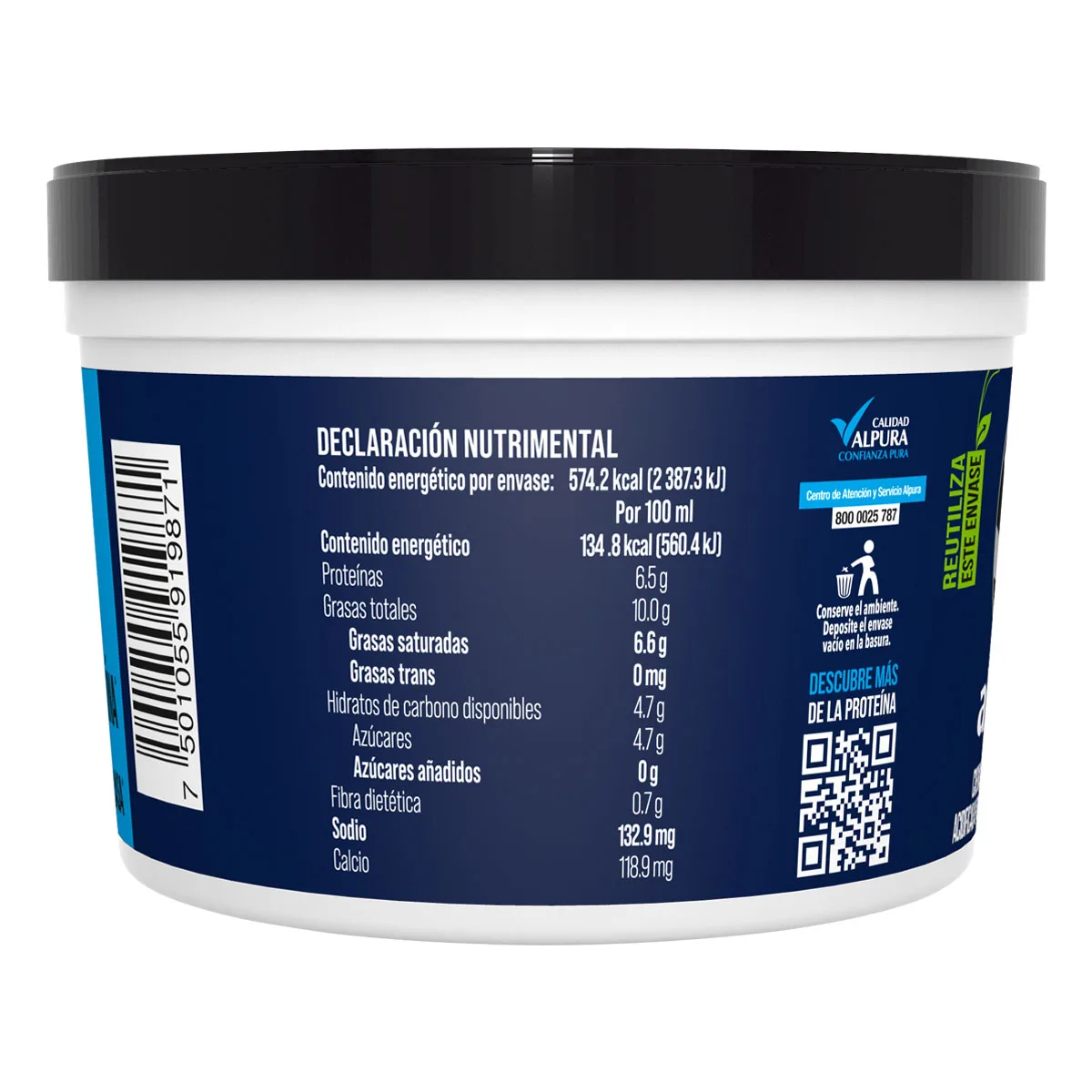 Crema Alpura PRO — tabla nutrimental del envase